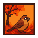 A sparrow in front of an autumn tree.